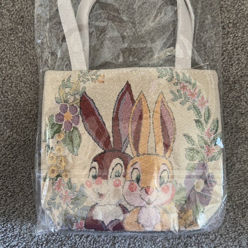 2 rabbits stitches canvas tote bag with zipper